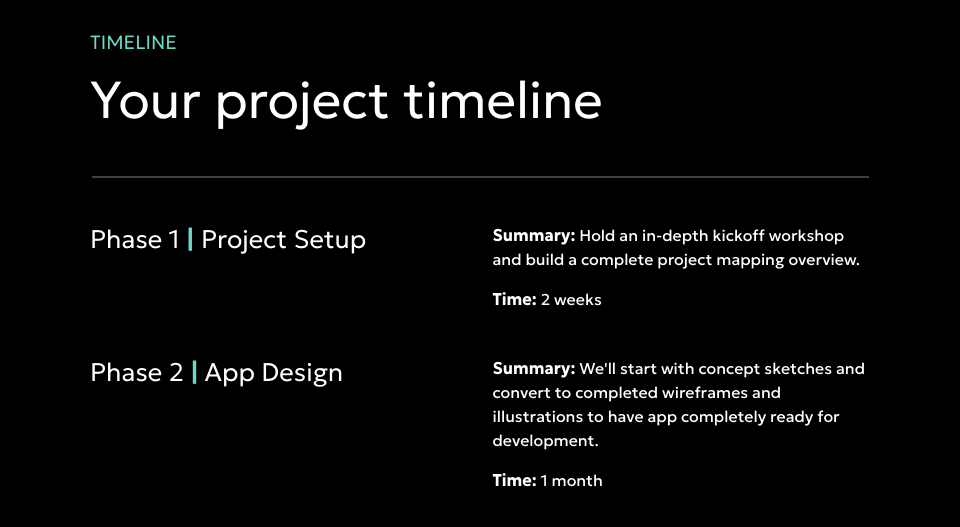 a black and white timeline for a project shows the phases of the project .