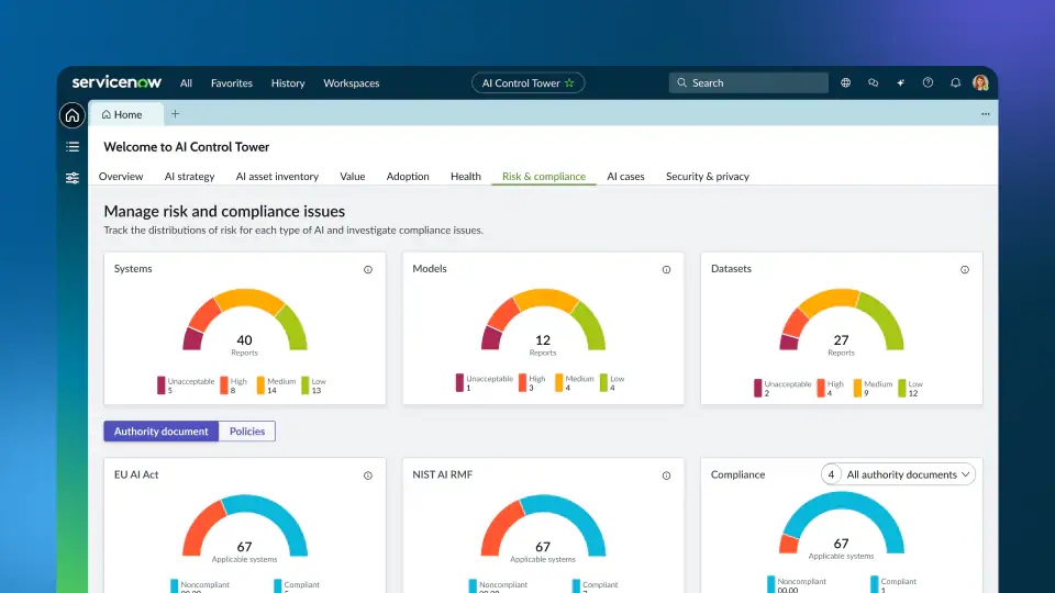 ServiceNow AI Control Tower dashboard displaying risk and compliance metrics with several semi-circular charts.