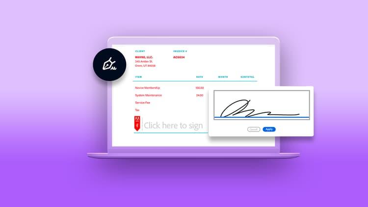 A laptop screen shows an invoice and a pop-up window with an electronic signature being drawn.