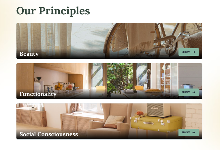 a website displays three principles including beauty functionality and social consciousness