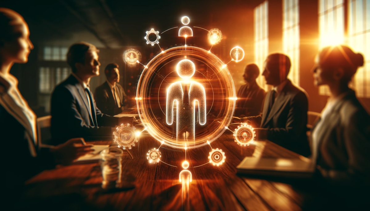 a group of business people are sitting around a table having a meeting .