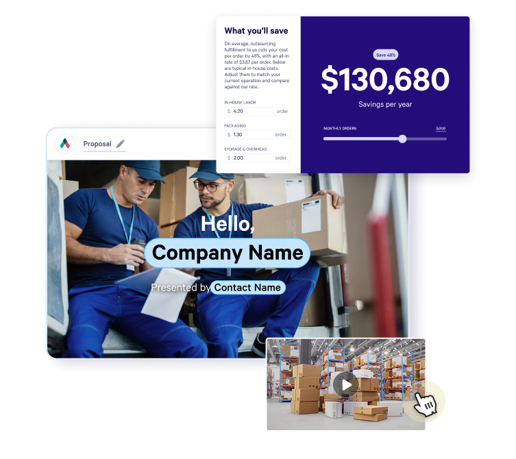 A digital business proposal demonstrating $130,680 in annual savings, with images of warehouse workers and a logistics facility.