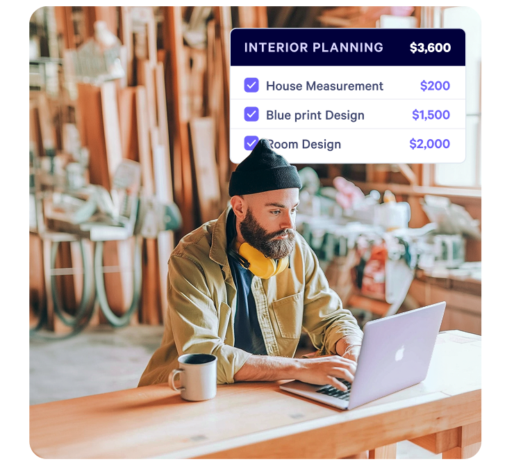 A smiling man reviewing an $850 per month plan with a typed signature field.