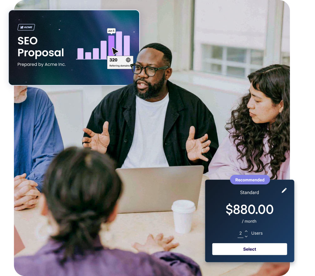 A business meeting featuring digital displays of an SEO proposal and a recommended $880/month service plan.