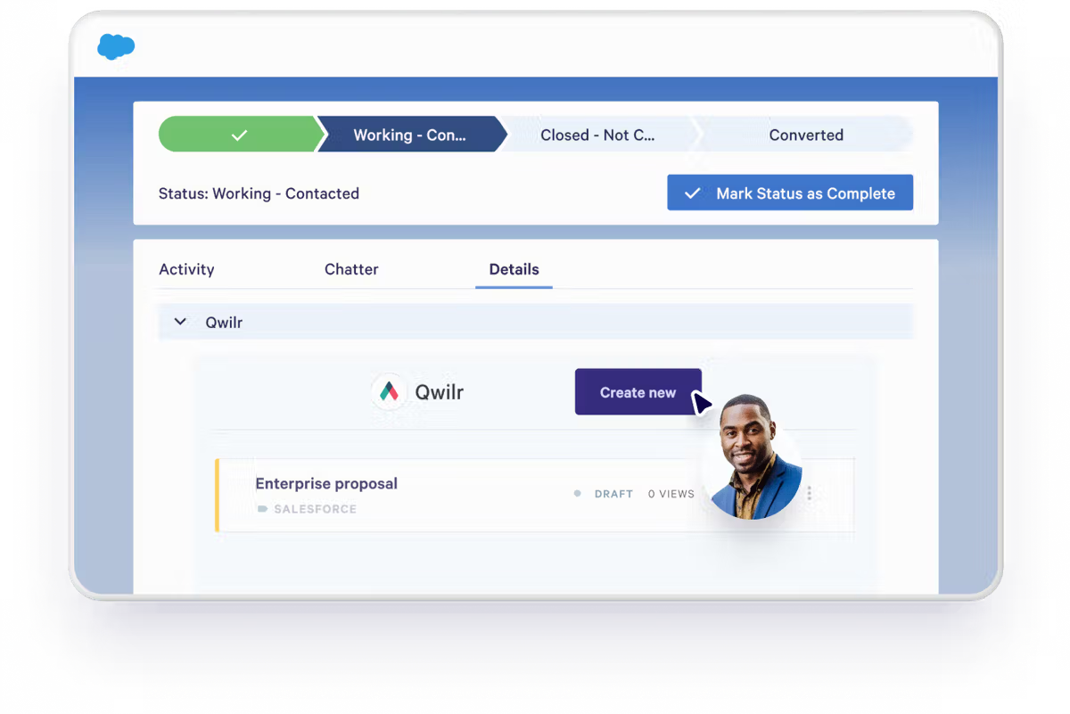 Salesforce application screen displaying deal details, Qwilr integration, and a smiling professional's profile picture.