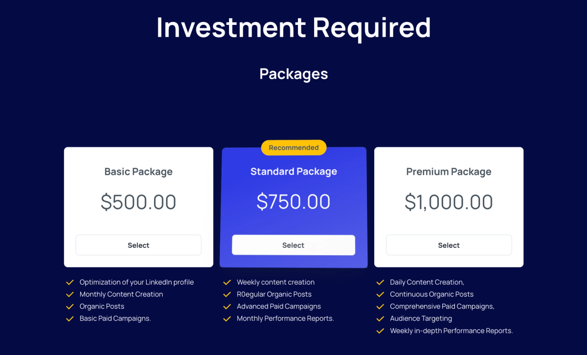 investment required packages are shown on a website