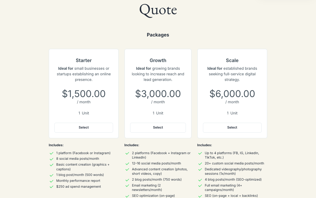 a screenshot of the quote packages page
