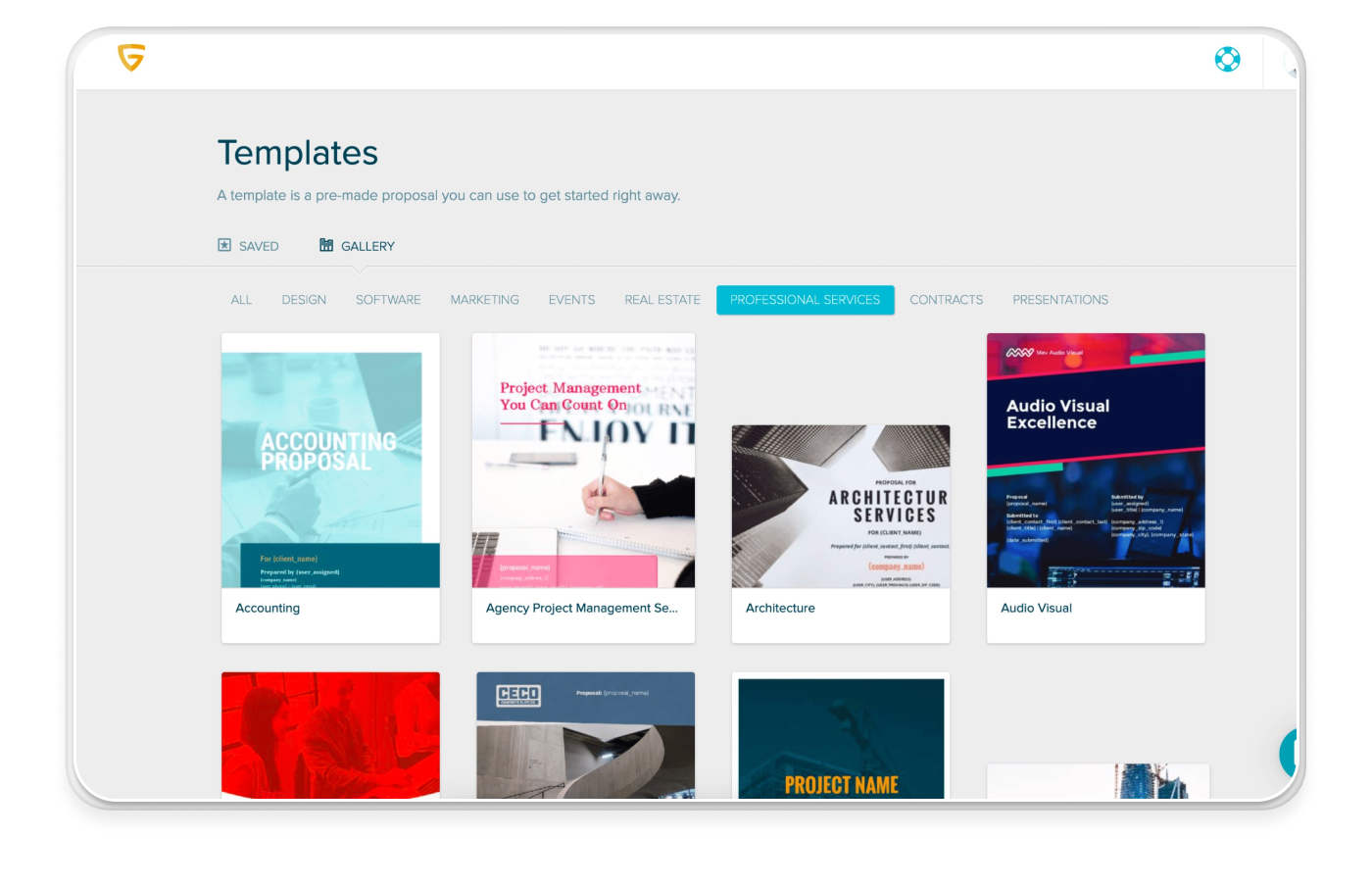 Proposify template gallery page
