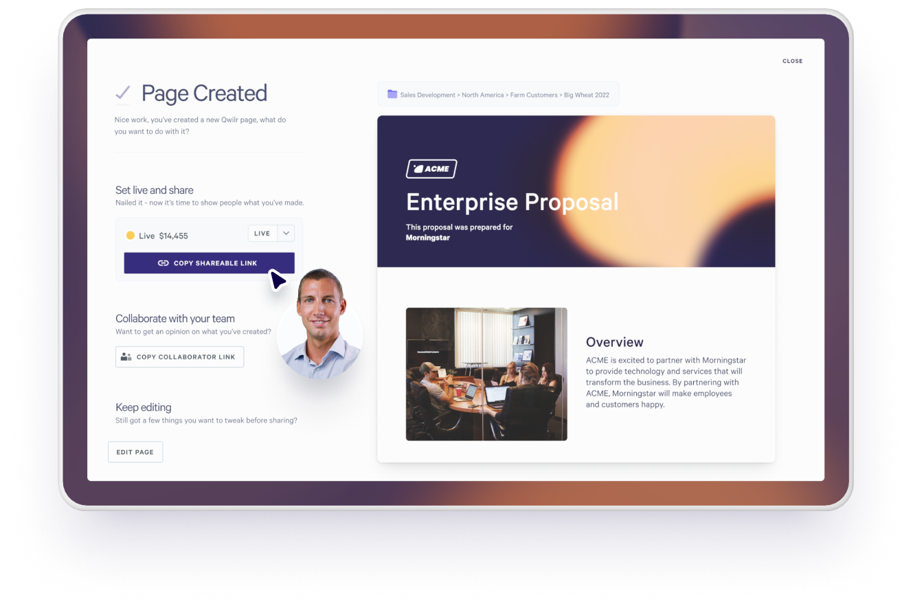 A tablet displays a "Page Created" interface, featuring an "Enterprise Proposal" document preview and a cursor hovering over a "Copy Shareable Link" button.