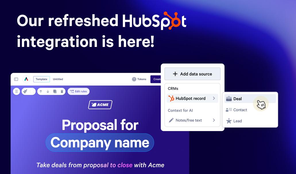 Acme software interface for proposals, showing a menu open to add HubSpot record data, with the headline "Our refreshed HubSpot integration is here!"