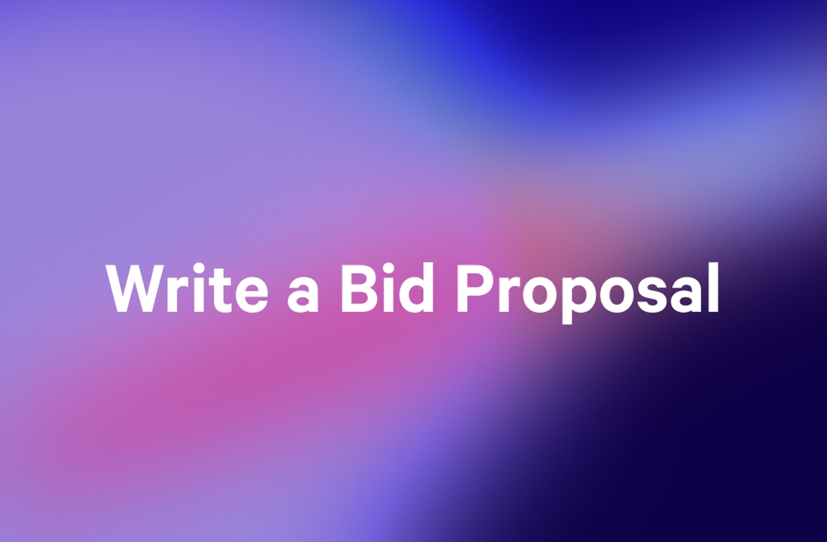 White text "Write a Bid Proposal" on a purple, pink, and blue blurred background.
