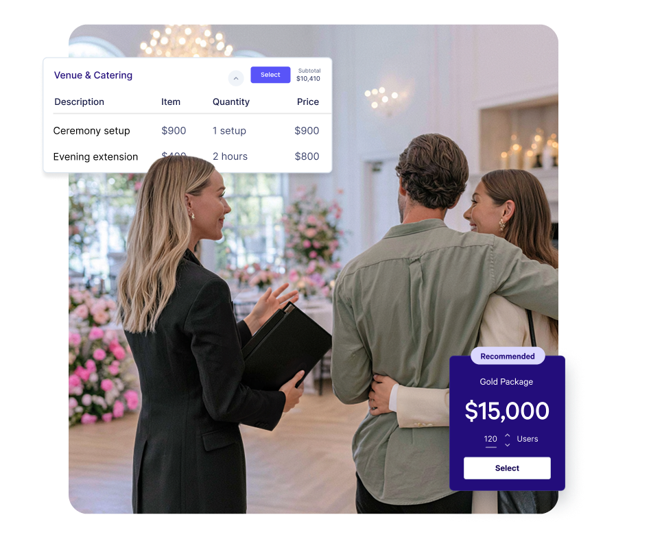 Two smiling people arranging flowers, with a 'Venue Proposal' document and a breakfast video thumbnail overlaid.