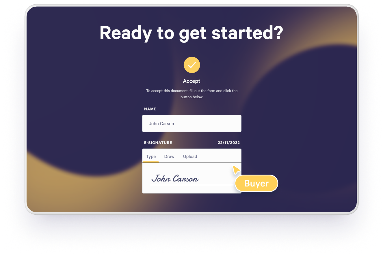A digital form for e-signature, showing fields for name and signature, with "John Carson" filled in and a "Buyer" button.