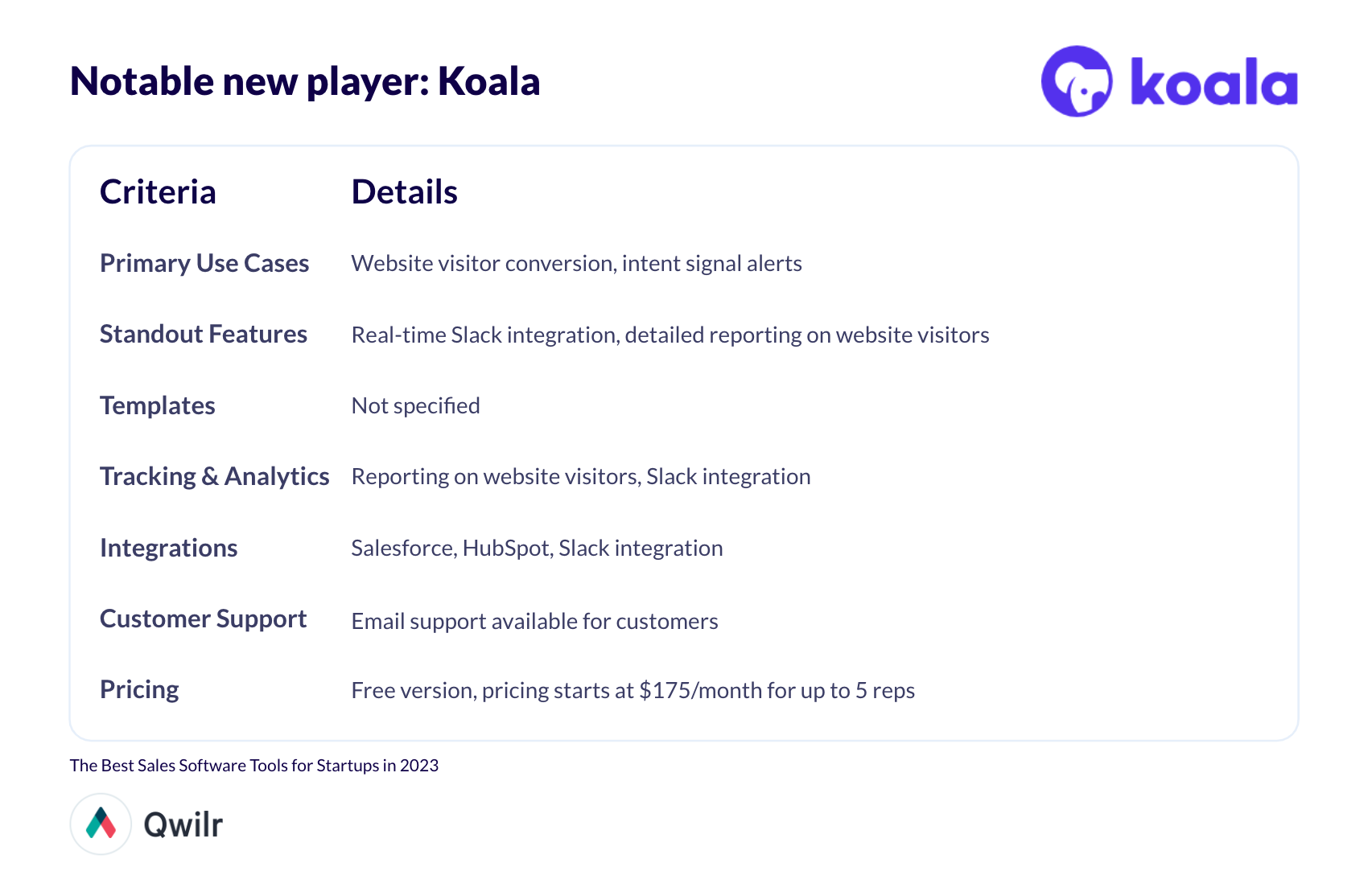 A table summarizing Koala's features