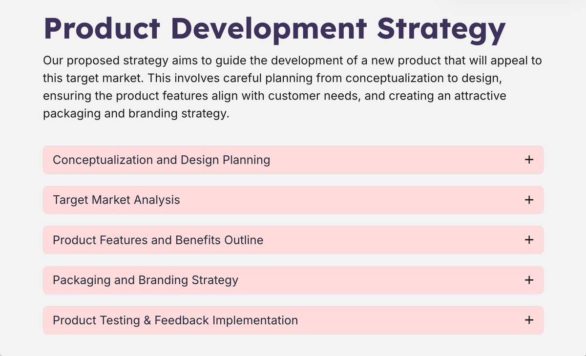 a page that says product development strategy on it