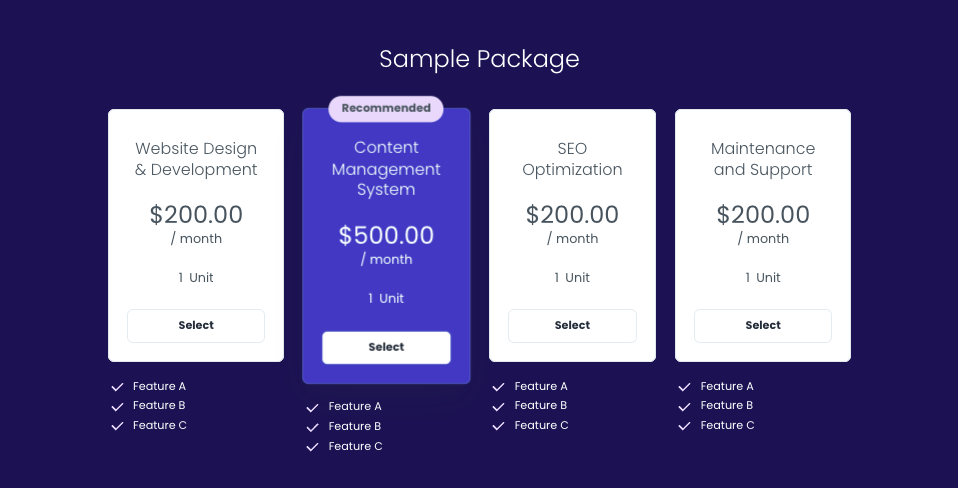 Pricing page for website development content management system
