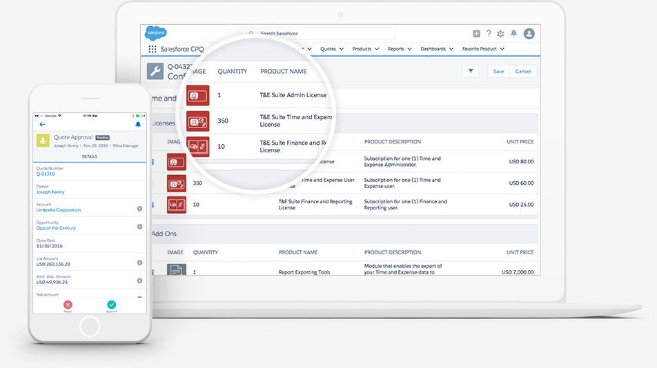 A smartphone displaying a quote approval form next to a tablet showing Salesforce CPQ with a product configuration table, highlighting license quantities.