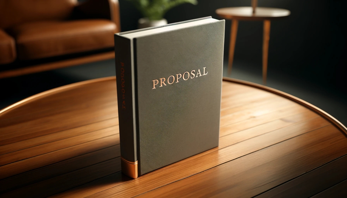 a book titled proposal is sitting on a wooden table .