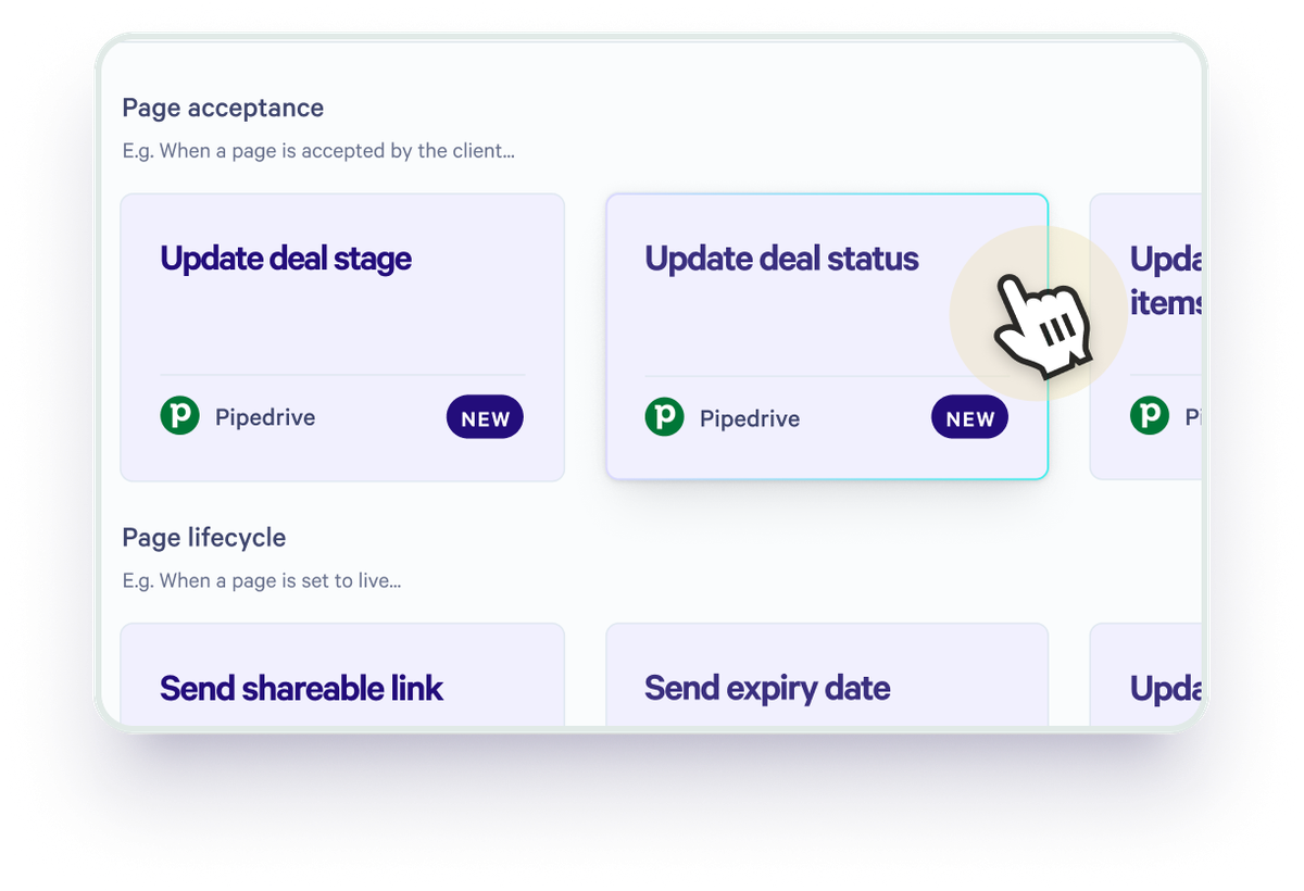 a screen shows a hand pointing to the update deal status button