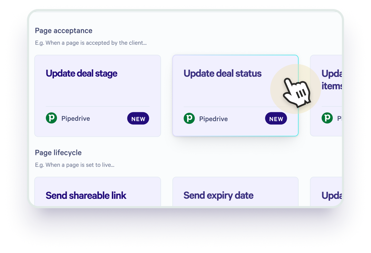 A software interface showing cards for actions like "Update deal stage" and "Update deal status (Pipedrive, NEW)", with a cursor hand pointing to "Update deal status".