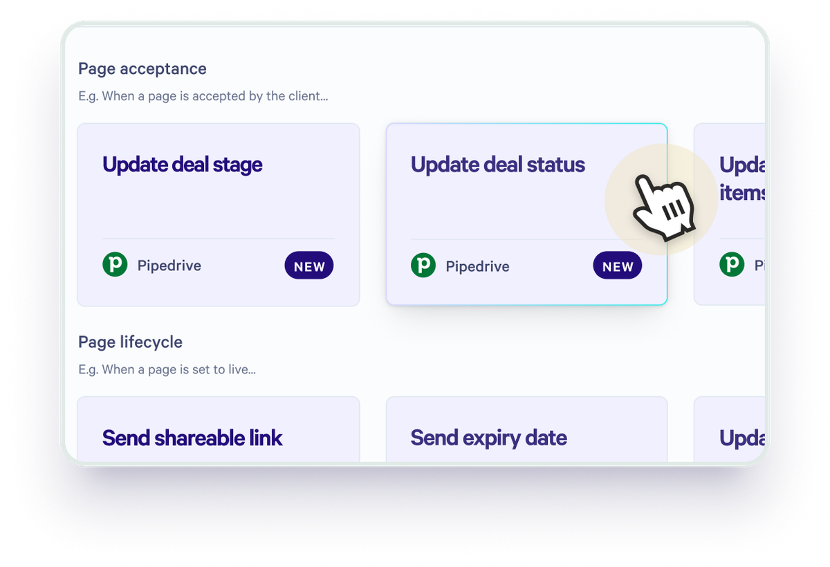 a screen shows a hand pointing to the update deal status button