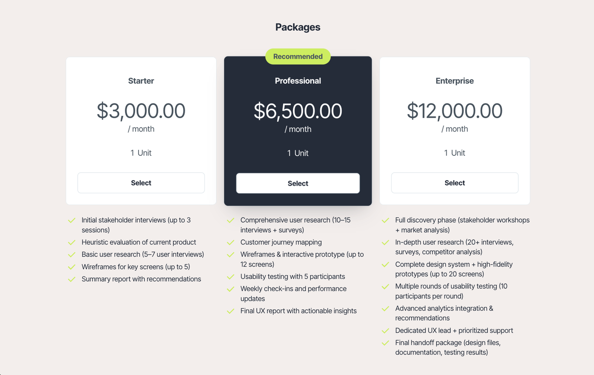 A pricing table showing Starter, Professional (recommended), and Enterprise packages with prices and included UX design services.
