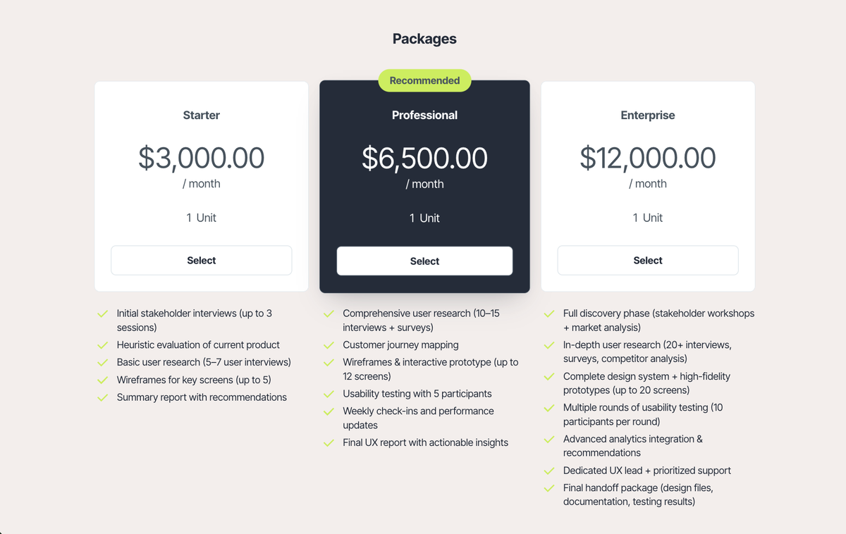 A pricing table showing Starter, Professional (recommended), and Enterprise packages with prices and included UX design services.