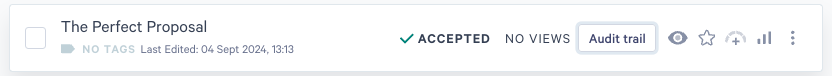 UI element showing a document titled "The Perfect Proposal" that is accepted, has no views, and was last edited on 04 Sept 2024.
