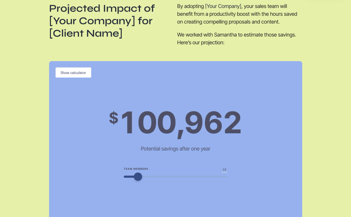 a projected impact of your company for client name is shown