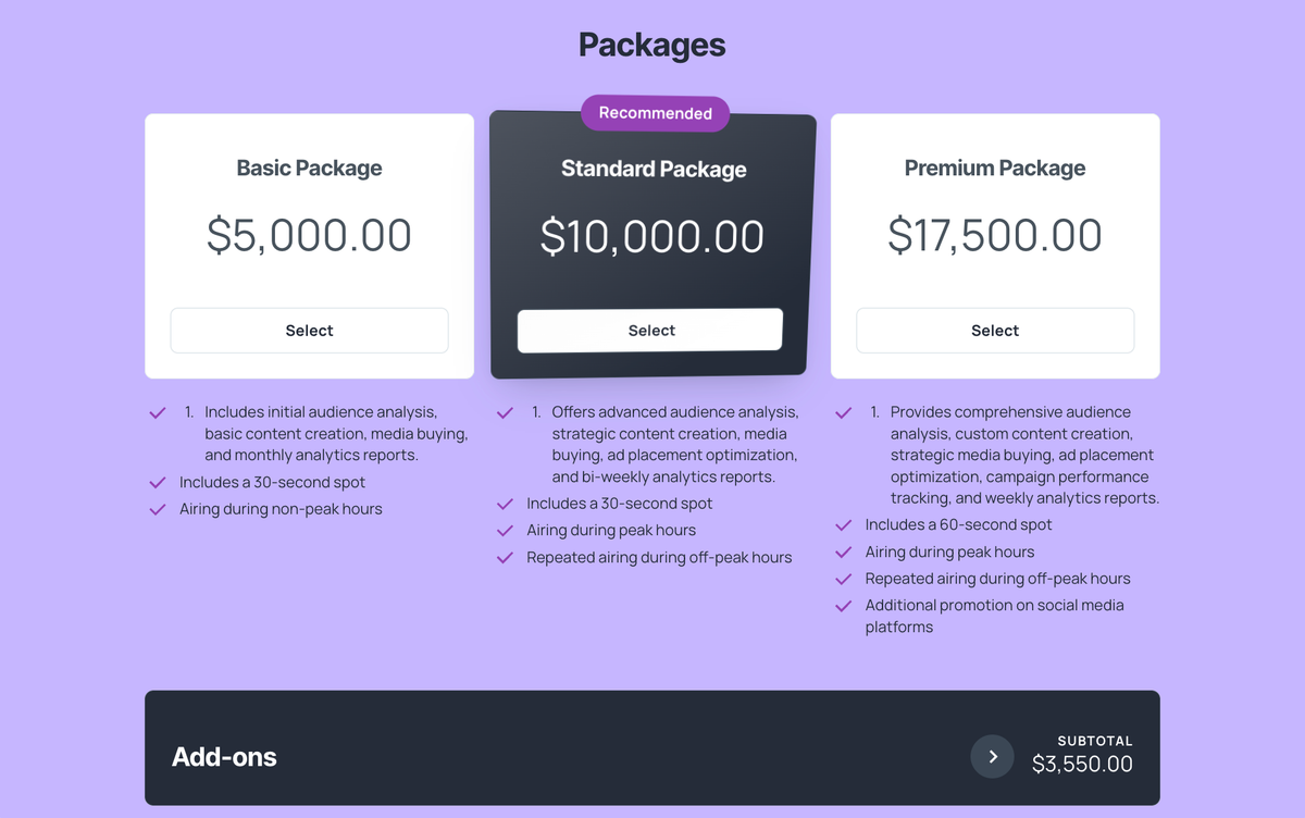 Three pricing packages: Basic ($5,000), Standard ($10,000, recommended), and Premium ($17,500), with an Add-ons section showing a subtotal of $3,550.