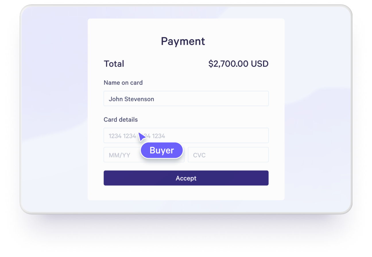 A digital payment form with card details, a total of $2,700.00, and a cursor pointing to a 'Buyer' button.