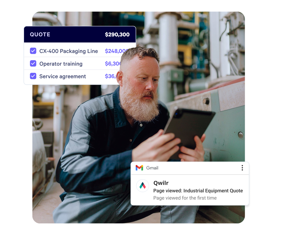 A man in an industrial setting views a tablet, with digital overlays showing an industrial equipment quote for $290,300 and a notification that the quote was viewed.