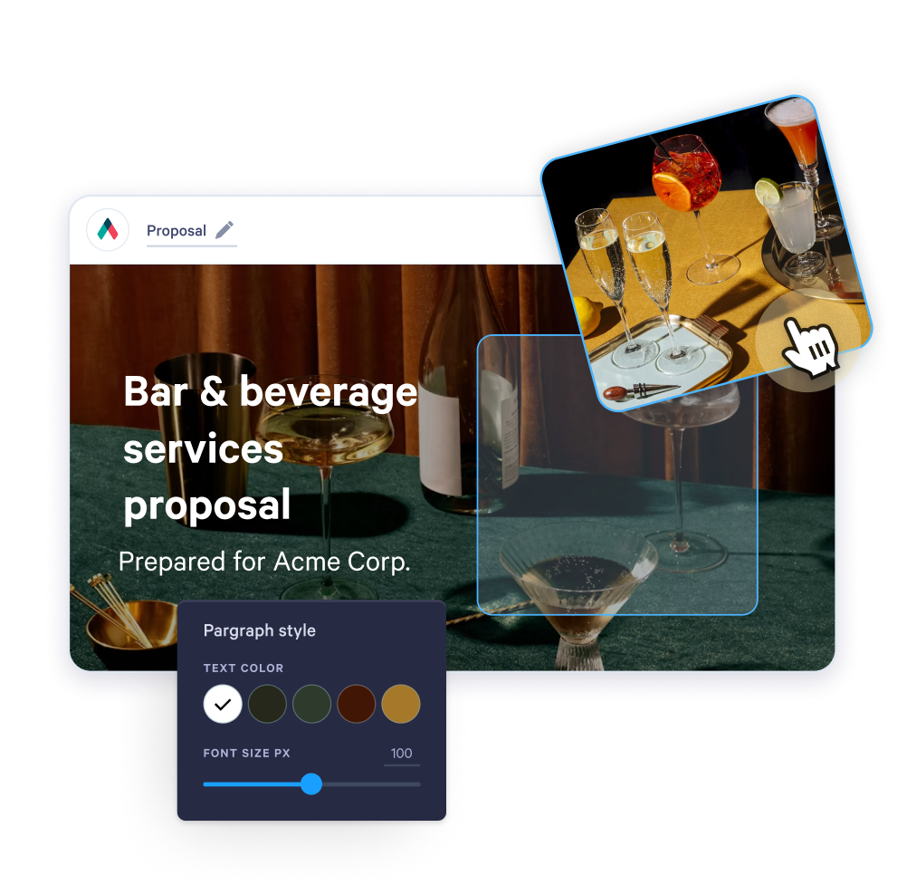 A digital proposal titled "Bar & beverage services proposal" with a styling menu, as a hand cursor drags an image of cocktails into it.