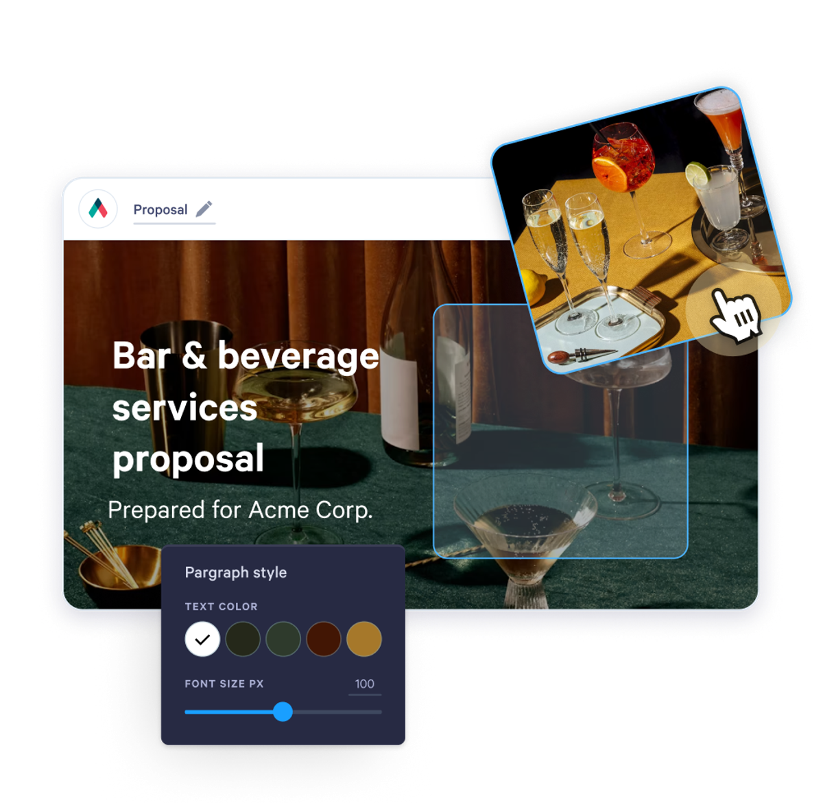 A digital proposal titled "Bar & beverage services proposal" with a styling menu, as a hand cursor drags an image of cocktails into it.