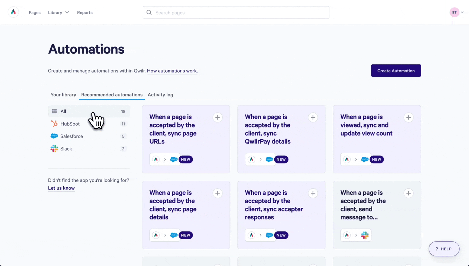 Automations dashboard showing recommended integration options, with a mouse cursor highlighting HubSpot.