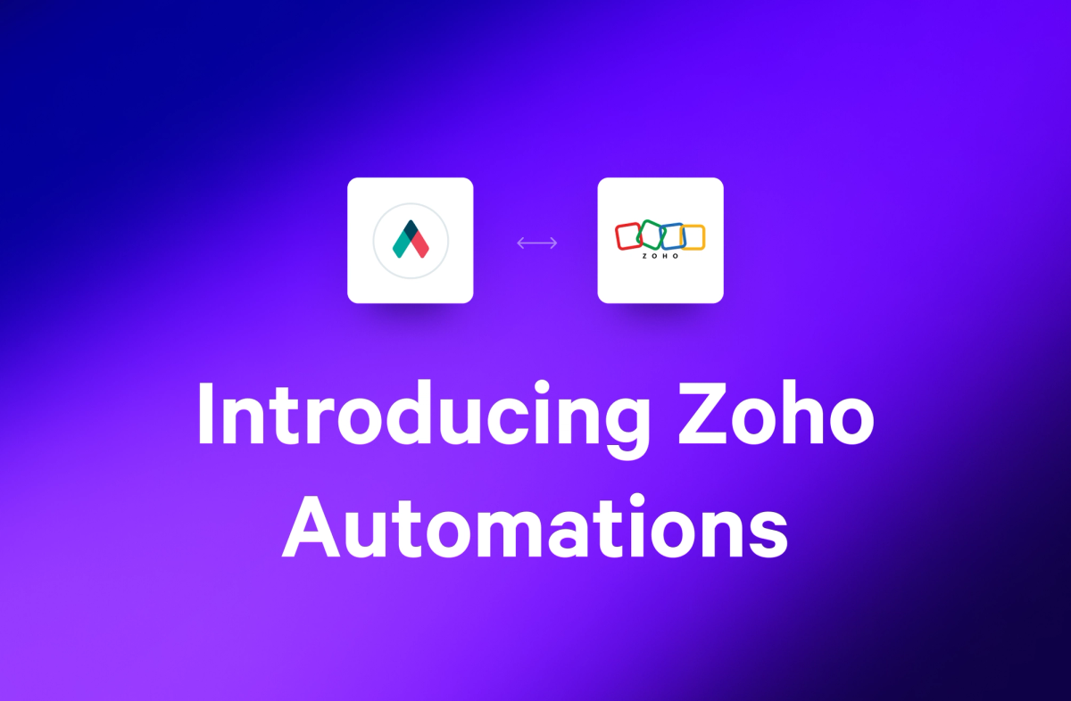 Text: "Introducing Zoho Automations" with Zoho and another app icon connected by a double-headed arrow.
