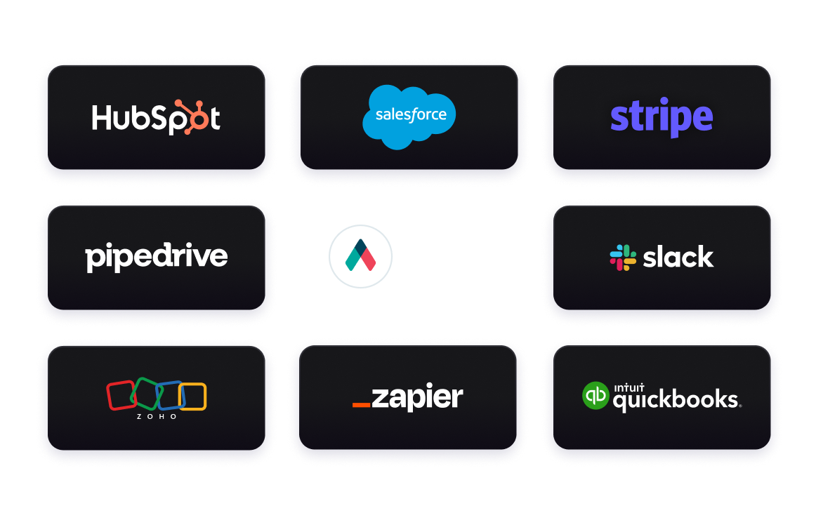 Qwilr CRM integration logos including HubSpot, Salesforce and Pipedrive