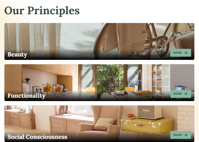 a website displays images of a bicycle and the words " our principles "