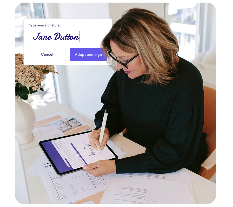 Woman electronically signing a document on a tablet with a stylus, with a popup showing "Jane Dutton" as the typed signature.