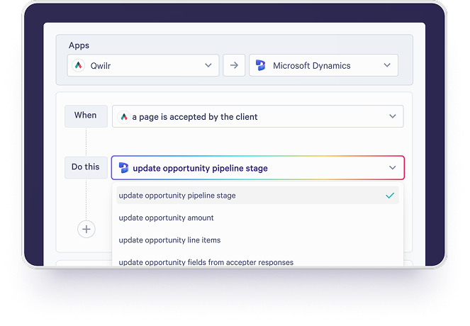An automation interface configuring Qwilr to update Microsoft Dynamics, showing a rule that triggers 'update opportunity pipeline stage' when a page is accepted by the client.