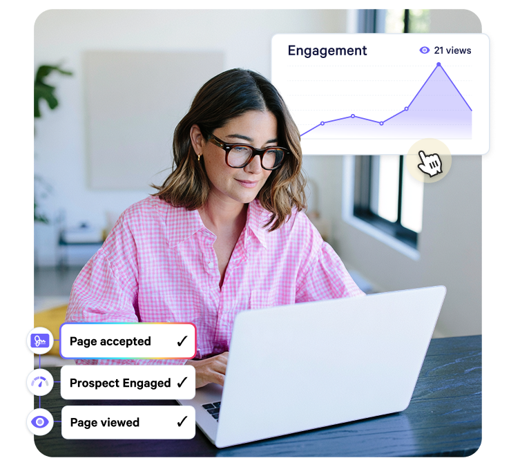A woman tracks proposal engagement on a laptop, with page viewed and accepted notifications.