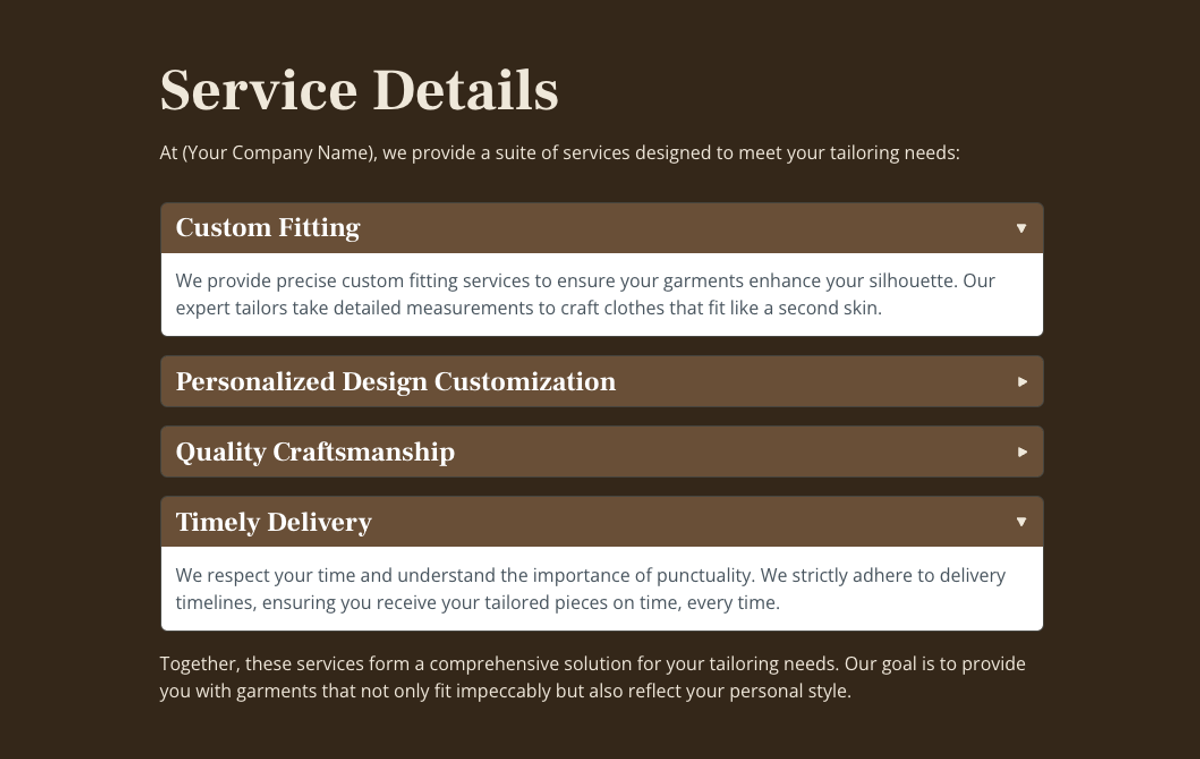 a page that says service details at the top