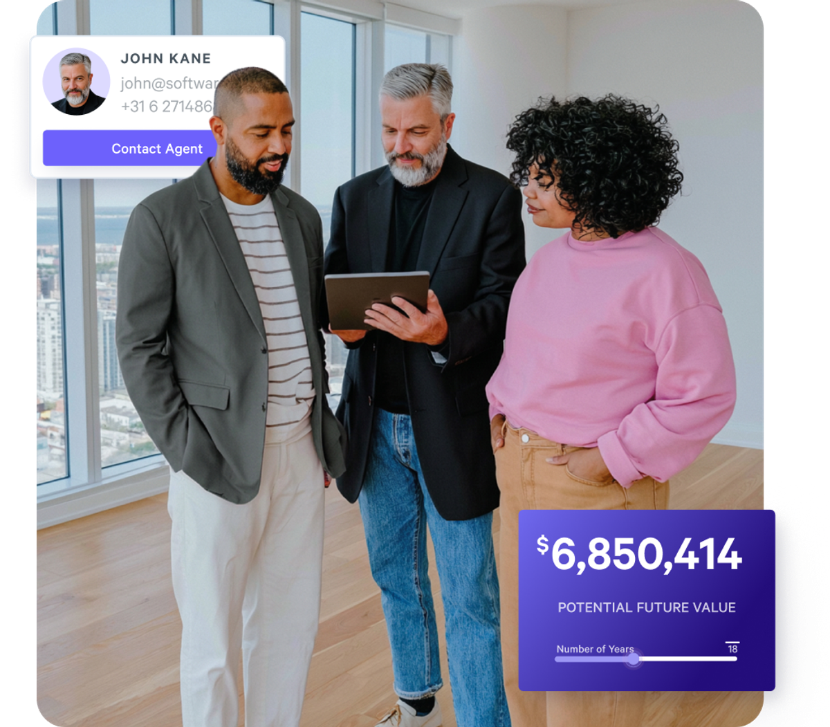 Three people viewing a tablet with UI overlays for a contact agent and potential future value data.