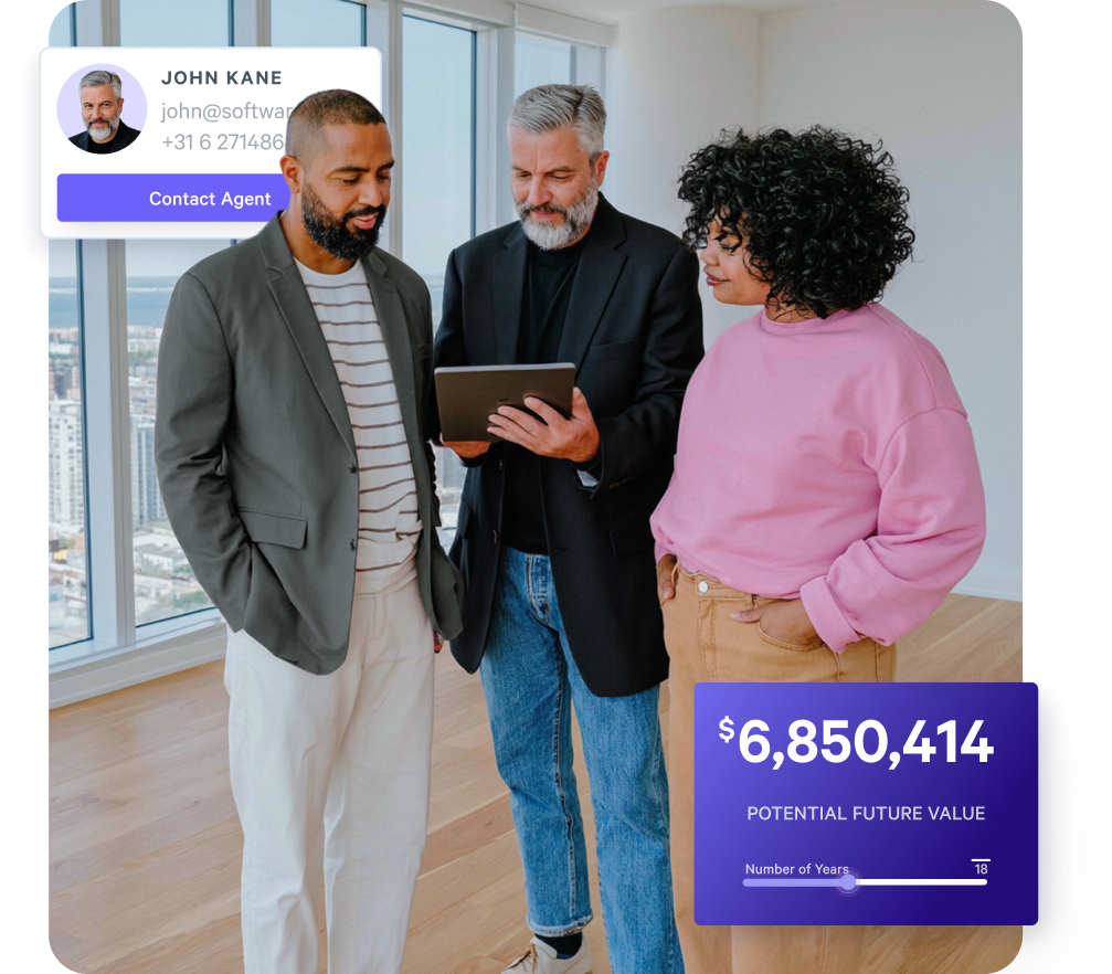 Three people viewing a tablet with UI overlays for a contact agent and potential future value data.