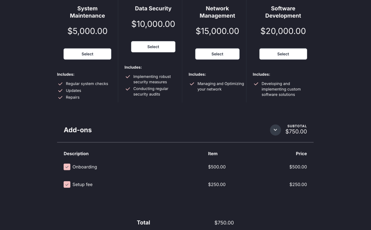 a screenshot of a pricing table for various services
