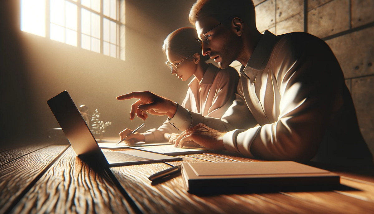 Man and woman infront of laptop