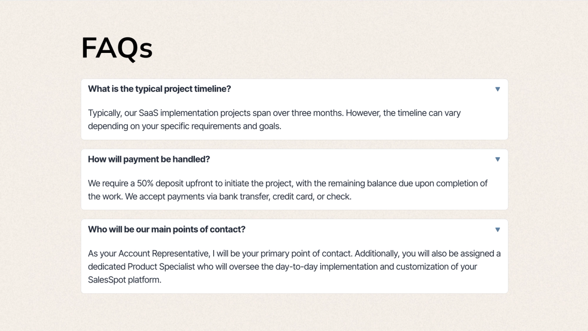 FAQs section about project timeline, payment, and contacts.