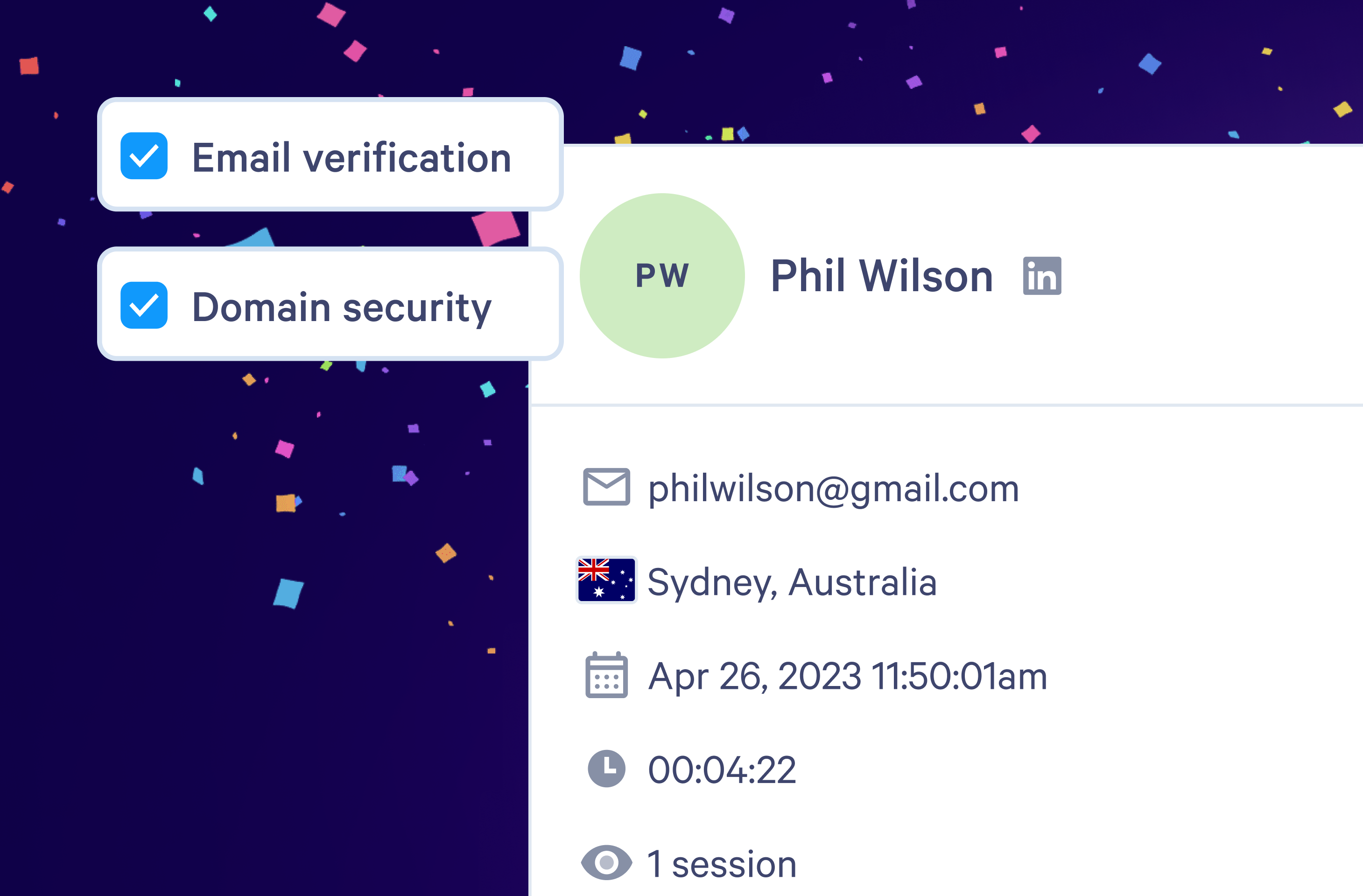 A user dashboard with "Email verification" and "Domain security" checked, showing Phil Wilson's profile details, email, location, and session information.