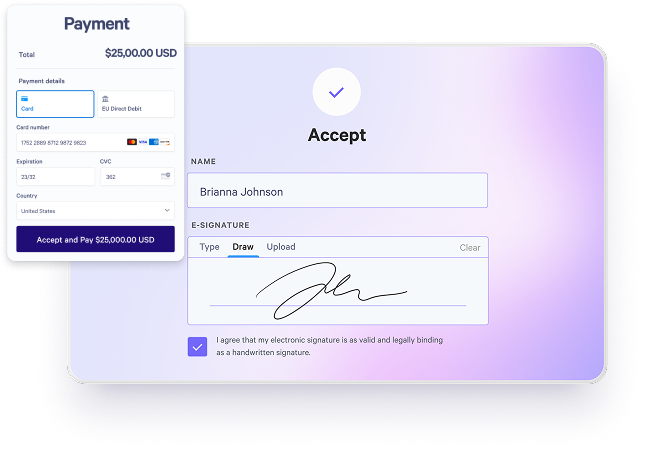 Digital payment and e-signature forms for a $25,000 transaction.
