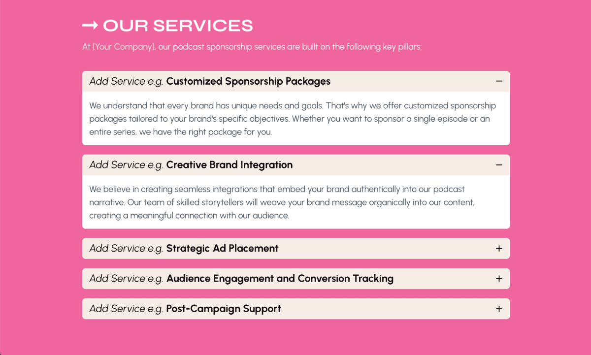 a page that says our services at the top